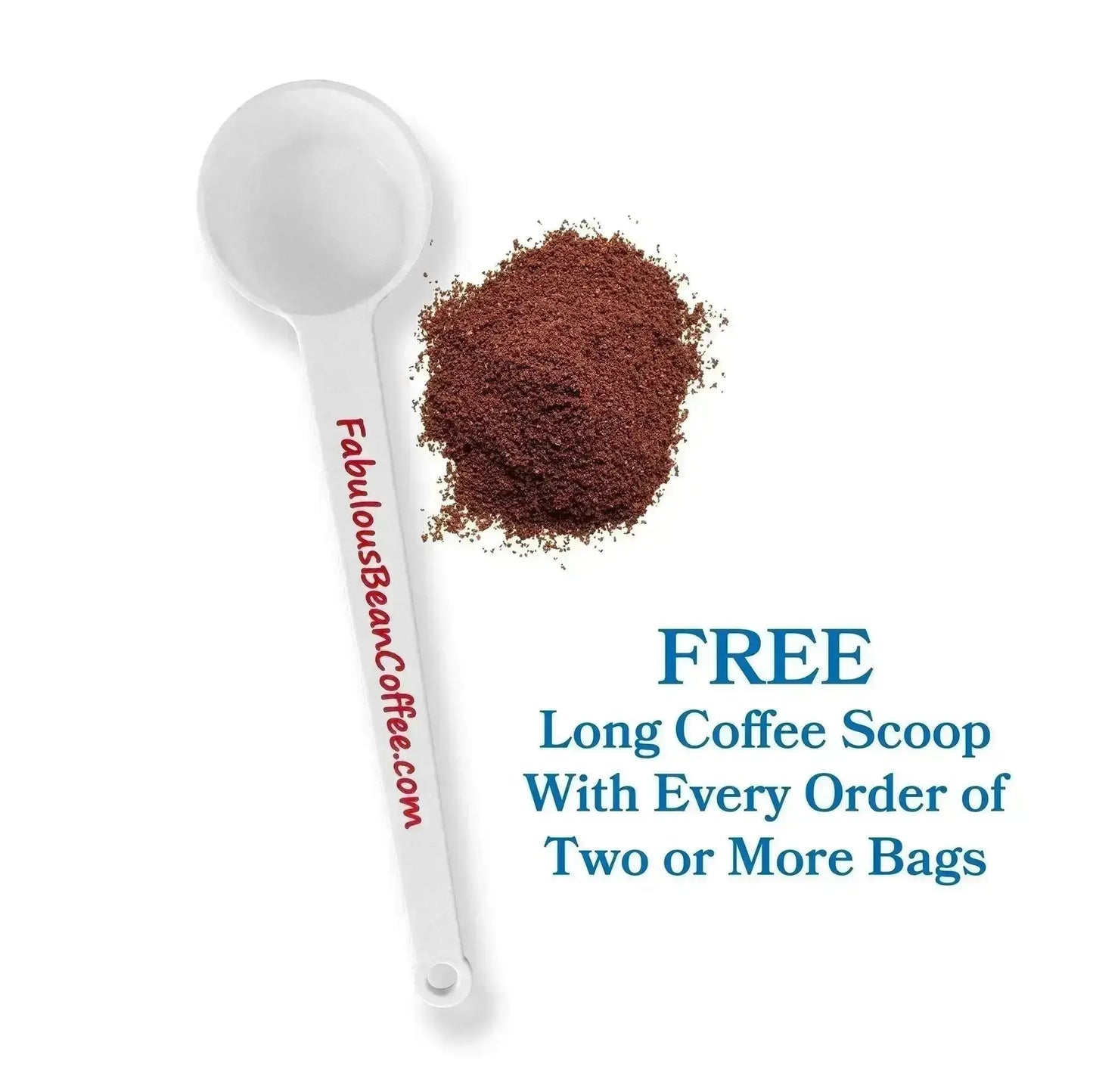 A white plastic long-handled coffee scoop by fabulousbeancoffee.com