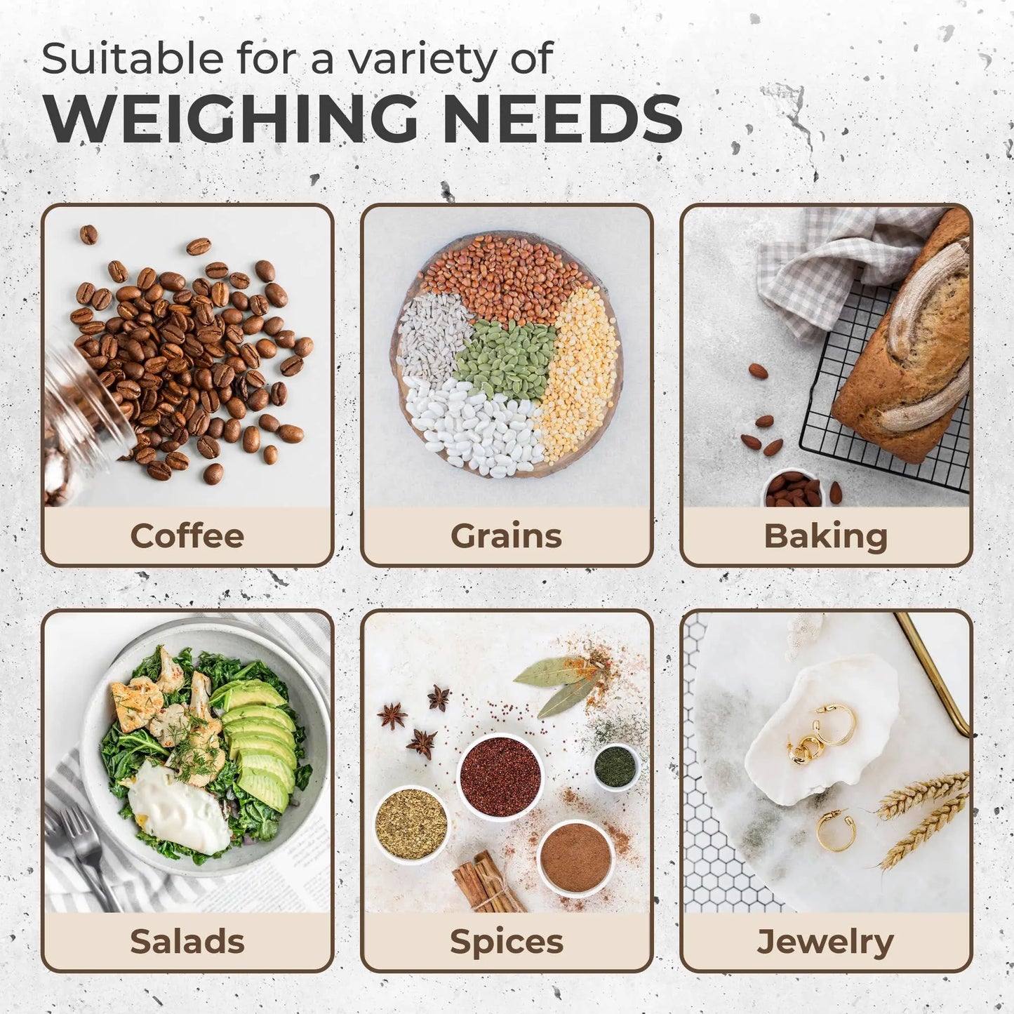 Product display with various uses for weighing coffee, grains, baking, salads, spices, and even jewelry on a Kaffè digital scale against a textured background.