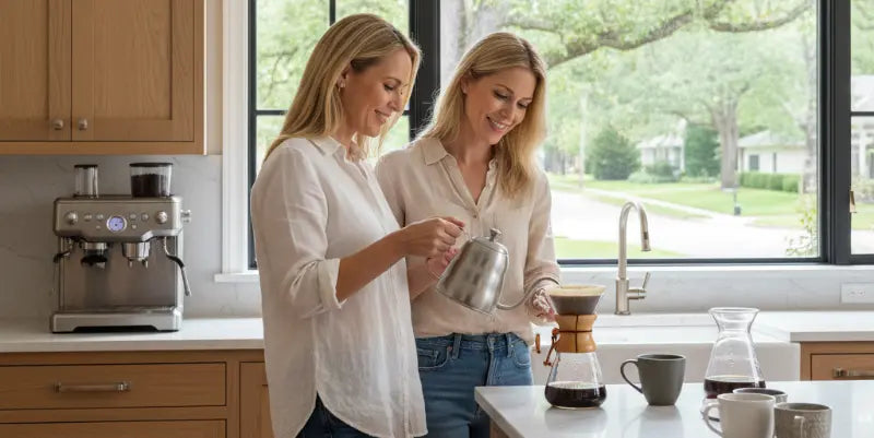Two attractive ladies preparing specialty coffee in the kitchen of a home located in a beautiful residential neighborhood.