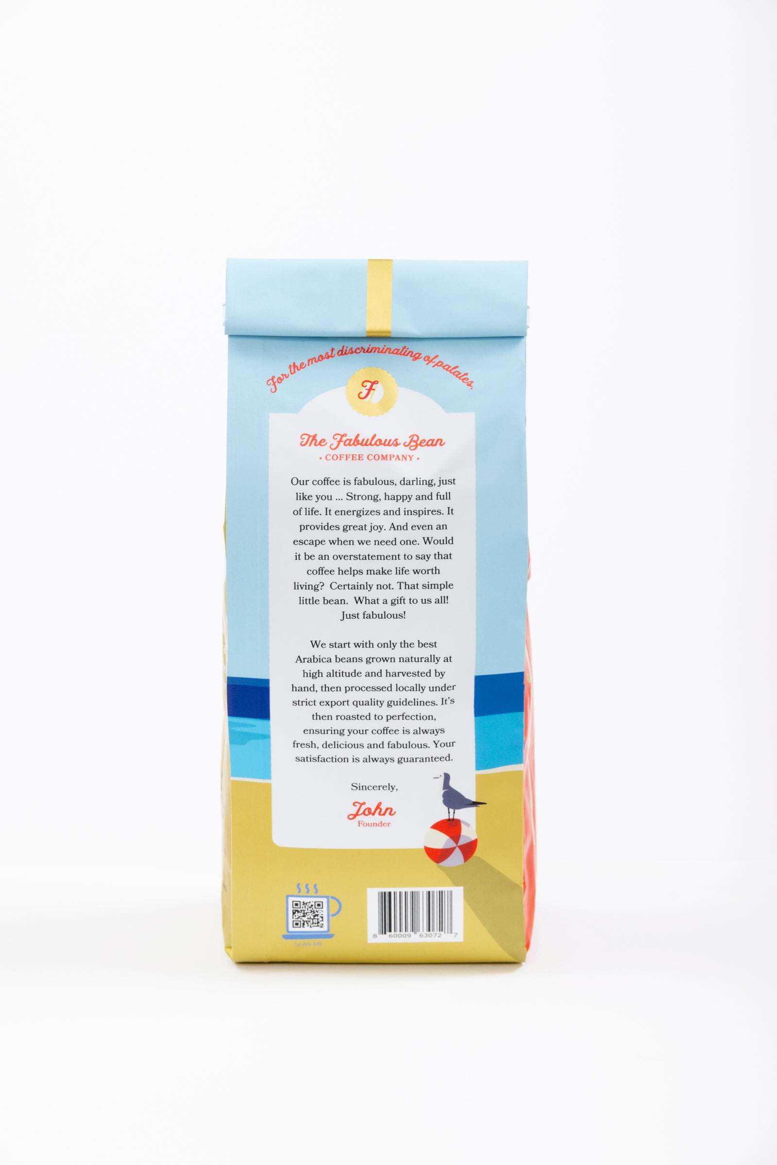 Specialty-grade medium-dark espresso roast ground coffee blend from Colombia and Brazil in a colorful 12 ounce bag with the back panel offering a light-hearted, yet positive, statement on the importance of coffee to our lives while also describing the high quality of this delicious specialty grade coffee.