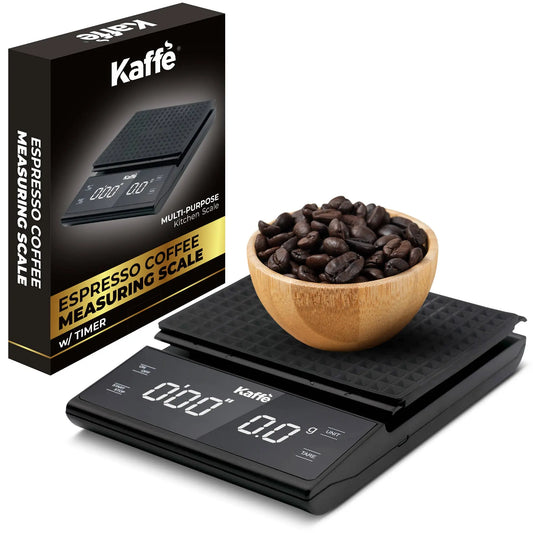 Kaffè digital scale with espresso coffee in a bowl of coffee beans on a white background.