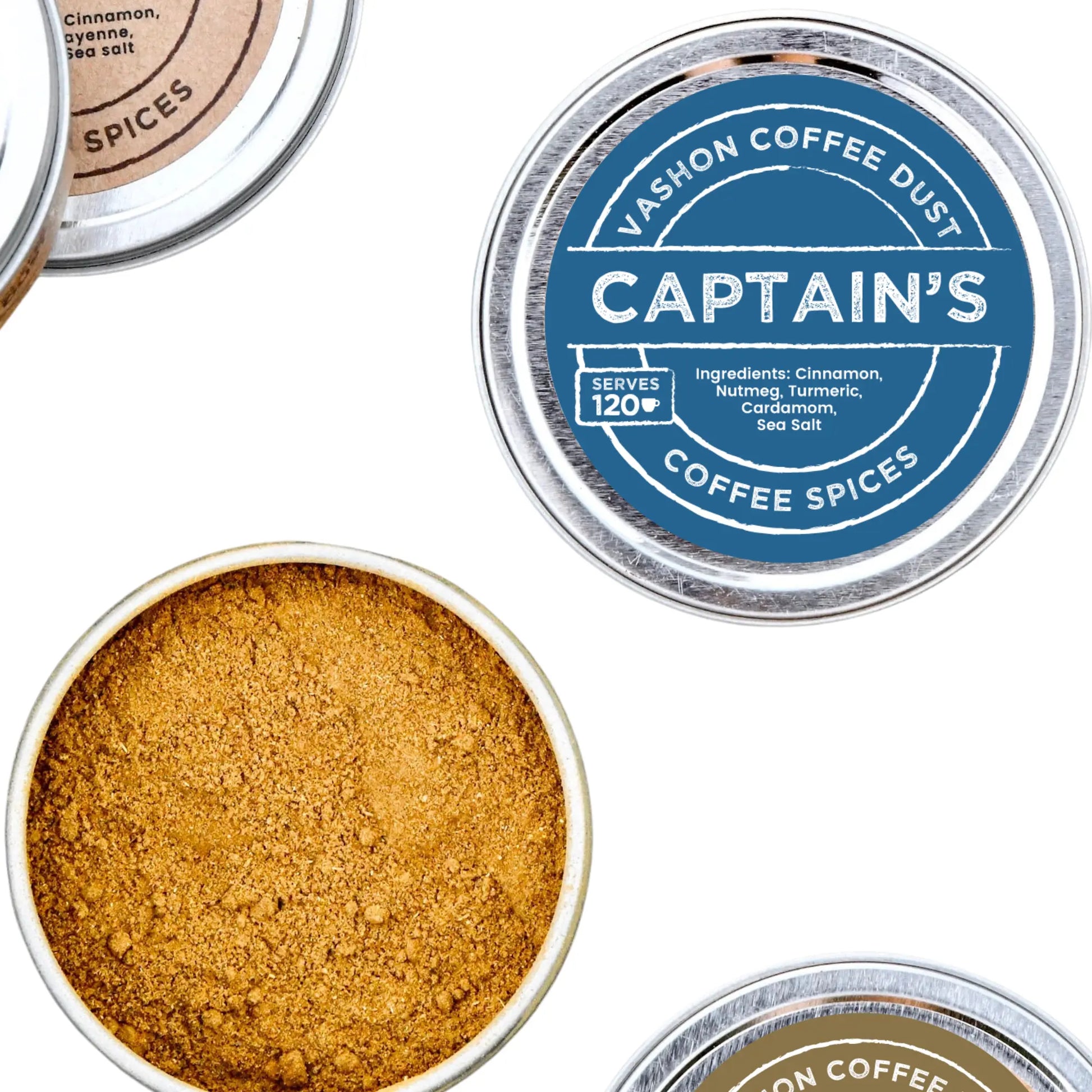 Full-size tin of Vashon Island Captain's flavor coffee dust with the lid removed on a white surface. The lid indicates 120 servings.
