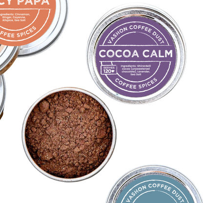Tin of Vashon Island Coffee Dust Cocoa Calm flavor with parts of tins of additional flavors against a white background.
