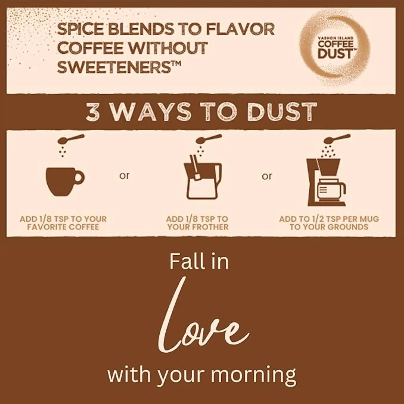 Vashon Island Coffee Dust guide on how to "dust." 1/8 teaspoon directly to your coffee, 1/8 teaspoon in your frother and 1/2 teaspoon per mug to your grounds before brewing. 