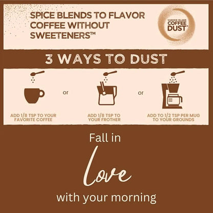 Vashon Island Coffee Dust guide on how to "dust." 1/8 teaspoon directly to your coffee, 1/8 teaspoon in your frother and 1/2 teaspoon per mug to your grounds before brewing. 