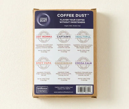 View of back side of Vashon Island Coffee Dust Expedition Kit featuring six  flavor options on a beige background.