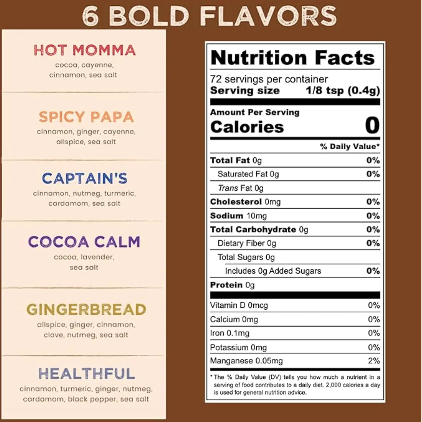 Vashon Island Coffee dust product packaging with flavor names and nutrition facts showing zero calories and no sugar or artificial sweeteners.
