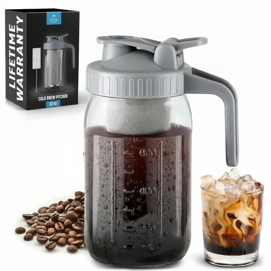 Cold brew coffee maker by Zulay pictured against a white background also showing product packaging.
