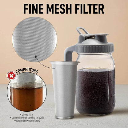 Zulay Cold Brew Coffee Maker displayed along with its stainless steel fine mesh filter.
  