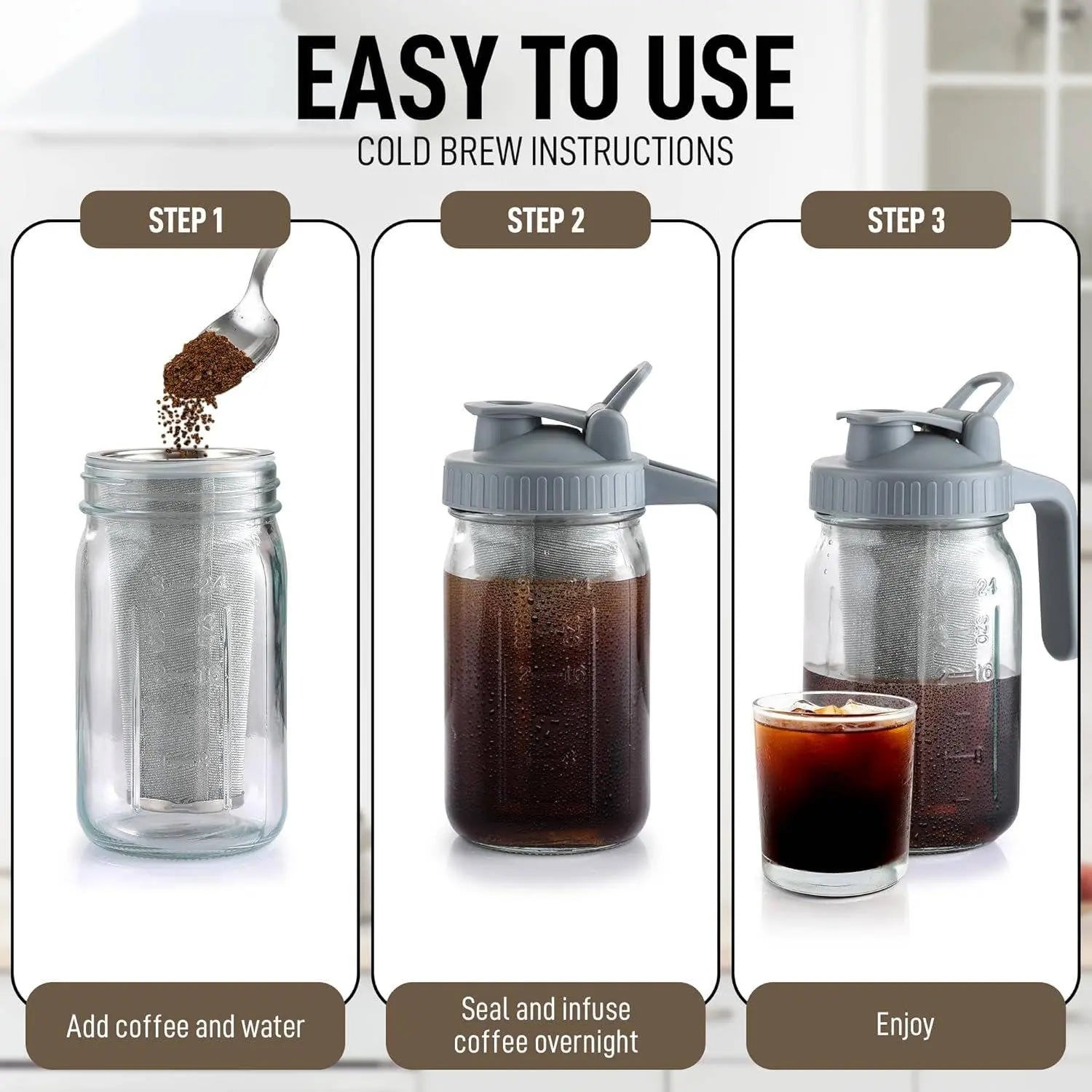 Instructions for making cold brew coffee with images of the Zulay Cold Brew Coffee Maker.