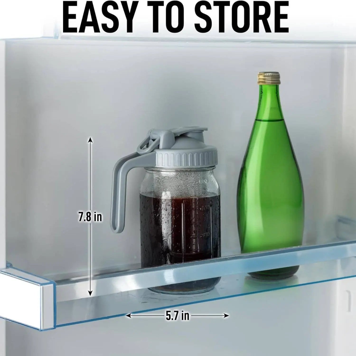 Cold Brew Coffee Maker 32 oz by Zulay depicted in refrigerator door to demonstrate how easily it stores.  