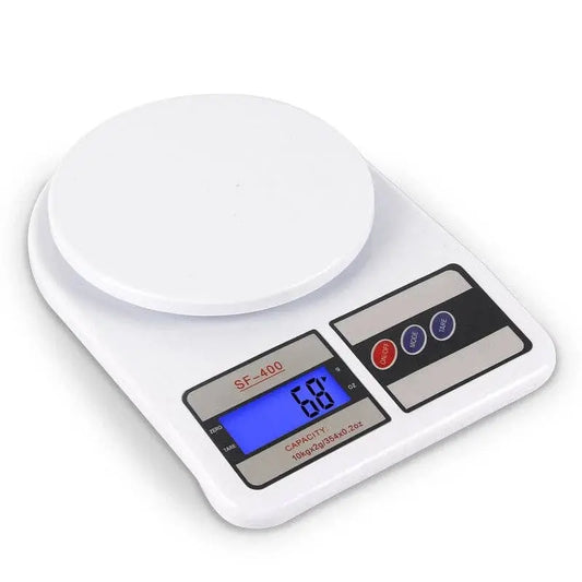 Digital kitchen scale with a white base and digital display on a white .background