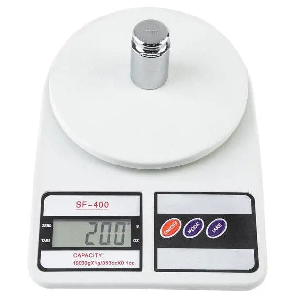 Digital kitchen scale with a white platform and digital display on a white background.