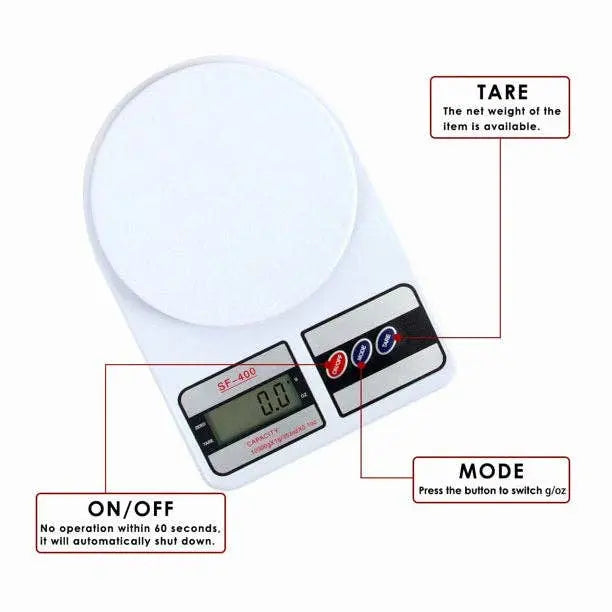 Digital kitchen scale with labeled buttons on a white background.