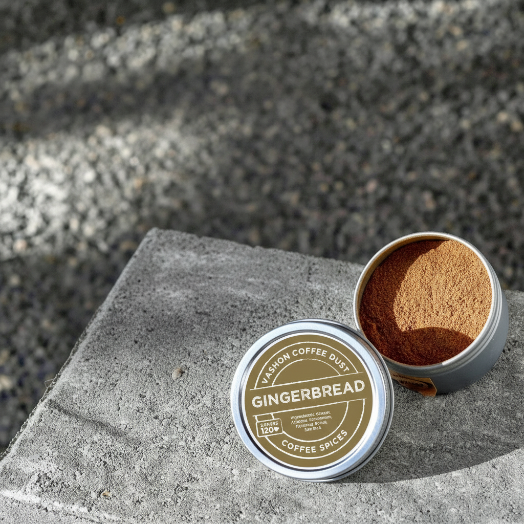 Full-size tin of Gingerbread flavored coffee dust from Vashon Island on a concrete table with a label that indicates 120 servings.