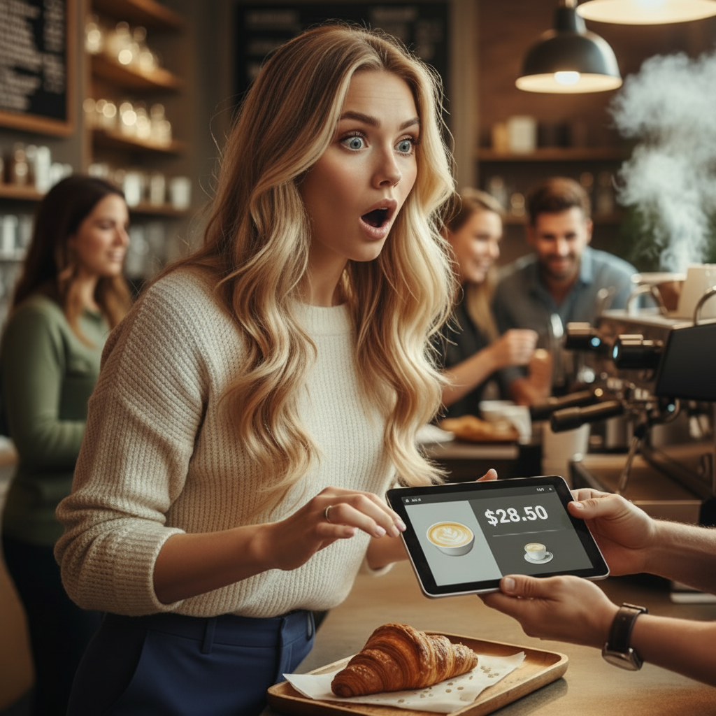 Woman at a coffee shop surprised at receiving a big bill for a coffee and croissant 