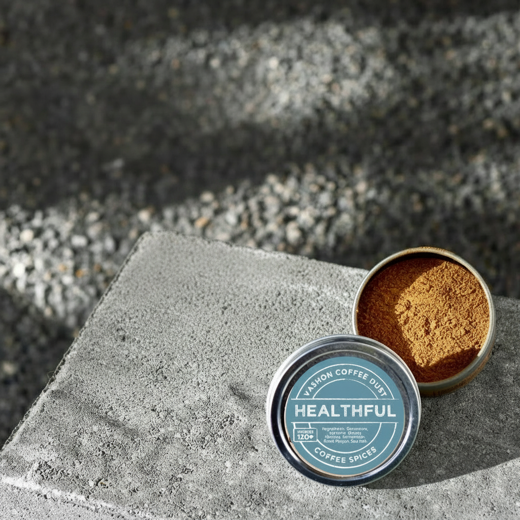 Full size tin of "Healthful" flavor coffee dust from Vashon Island on a stone surface.  The label indicates 120 servings.