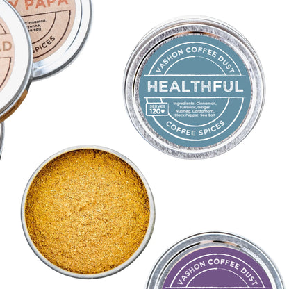 Full-size tin of Vashon Island "Healthful" flavor coffee dust on a white surface.