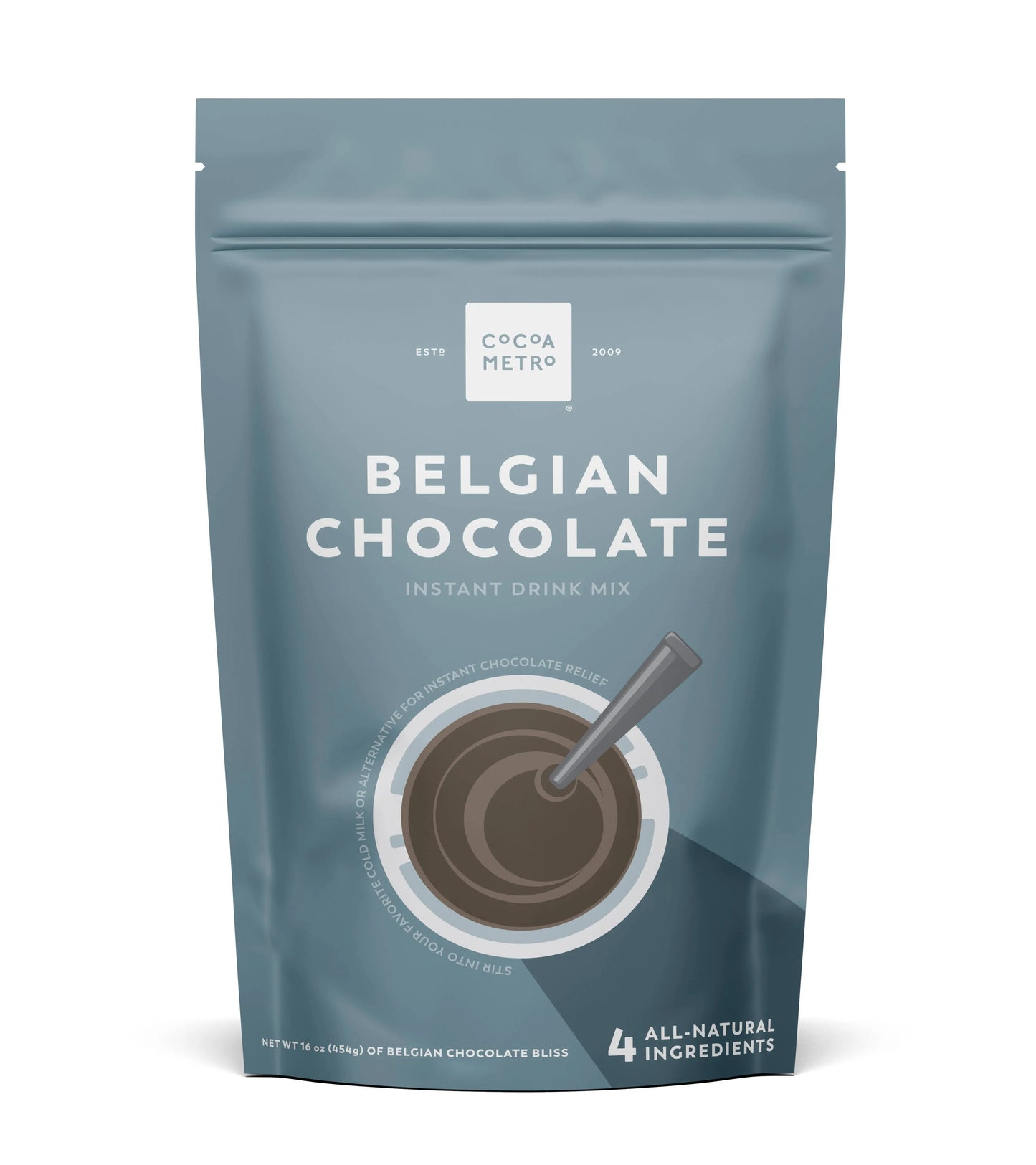 Cocoa Metro Belgian Chocolate Instant Drink Mix package on a white background.