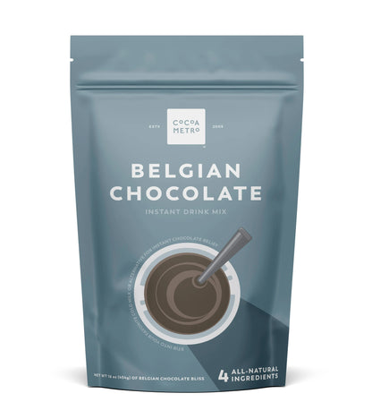 Cocoa Metro Belgian Chocolate Instant Drink Mix package on a white background.