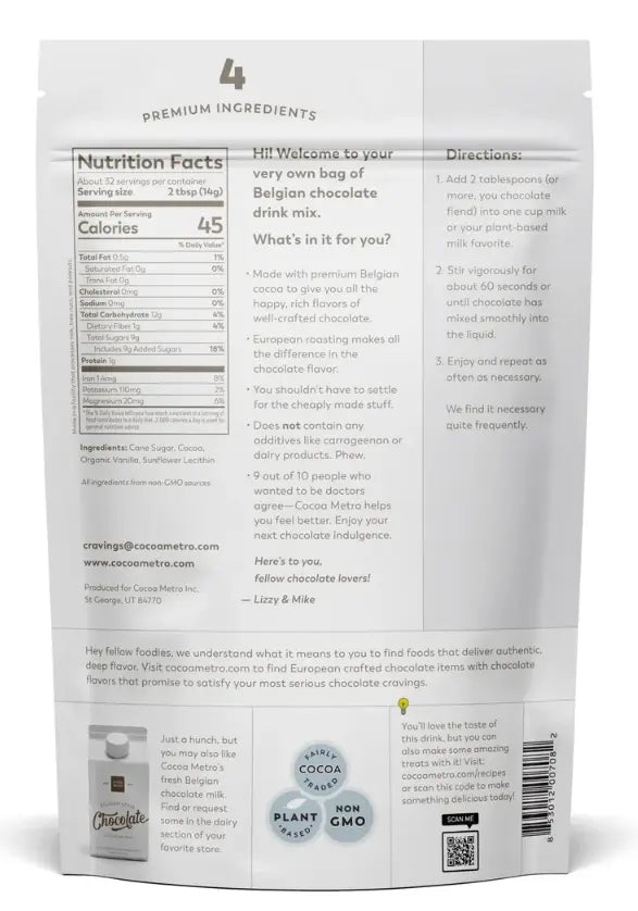 Back of Cocoa Metro Instant Belgian Hot Chocolate mix in white packaging with text, nutrition facts, and product details on a white background.