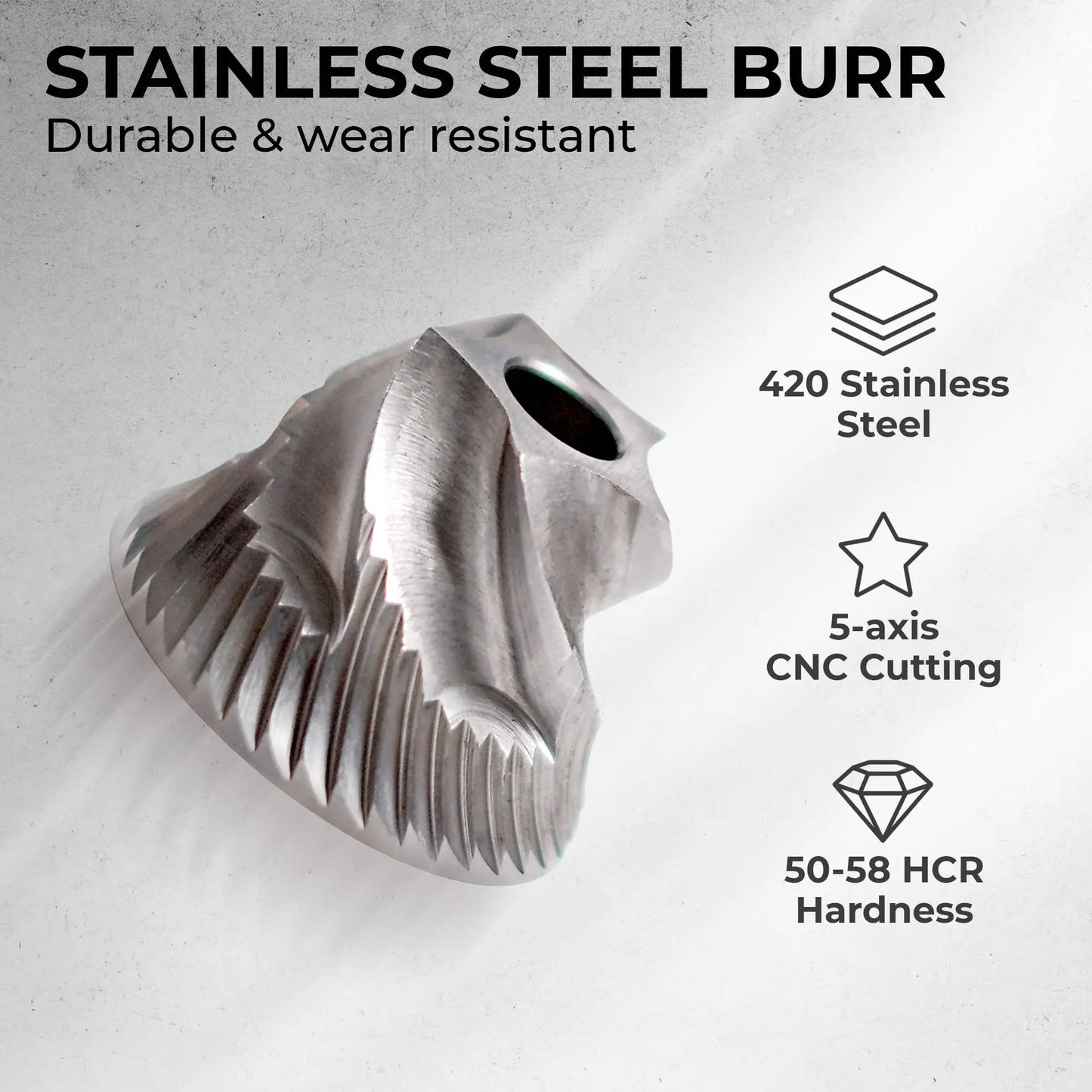 Stainless steel burr of Kaffè manual coffee grinder depicting durability and resistance features on a light gray background.