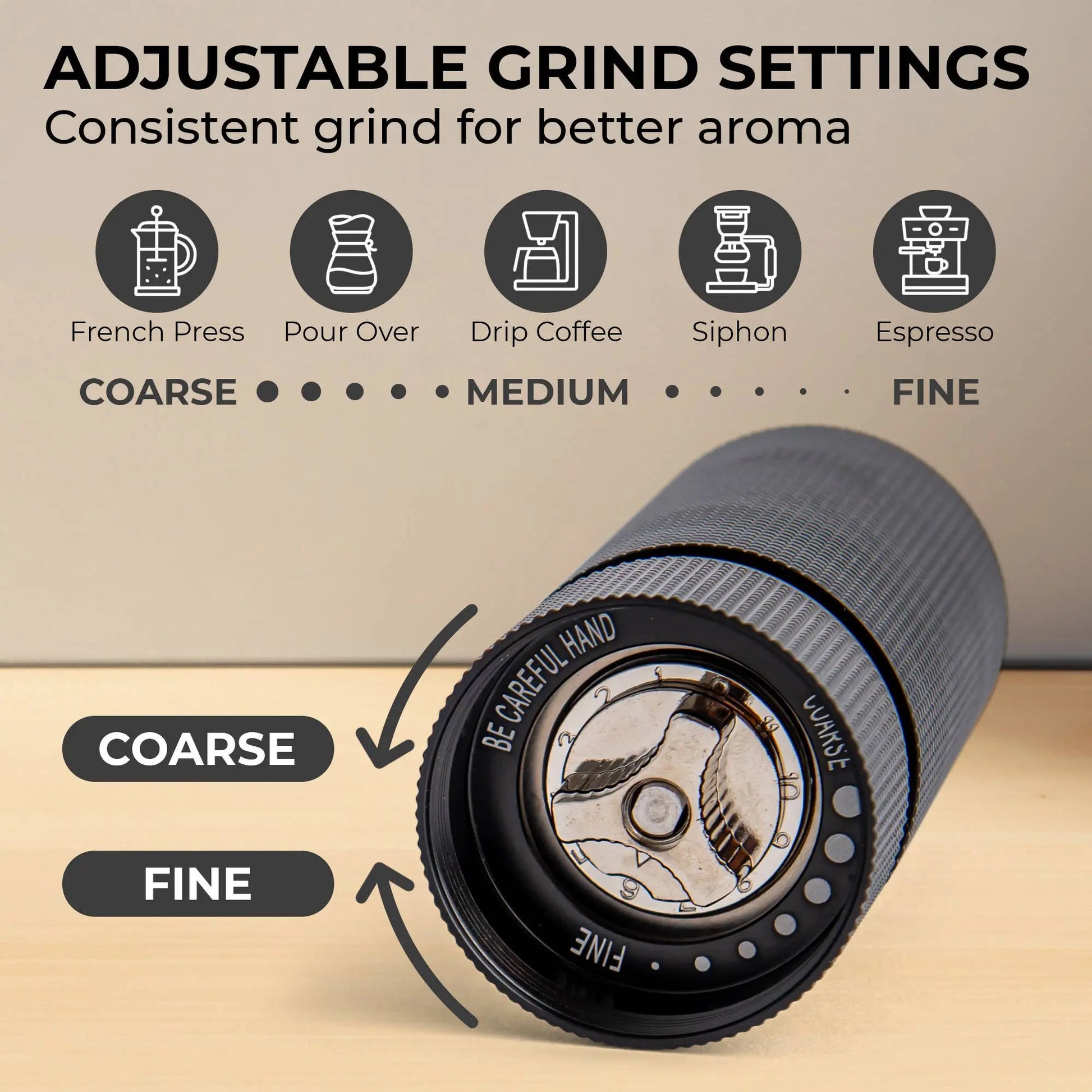 Manual coffee grinder by Kaffè depicting adjustable grind settings for different brewing methods. Presented against a beige background.