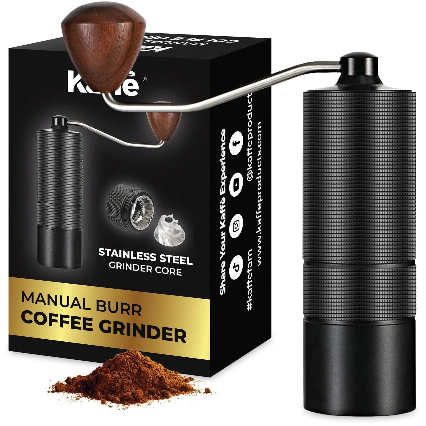 Manual coffee grinder by Kaffè shown with its packaging. The grinder is cylindrical and black in color.