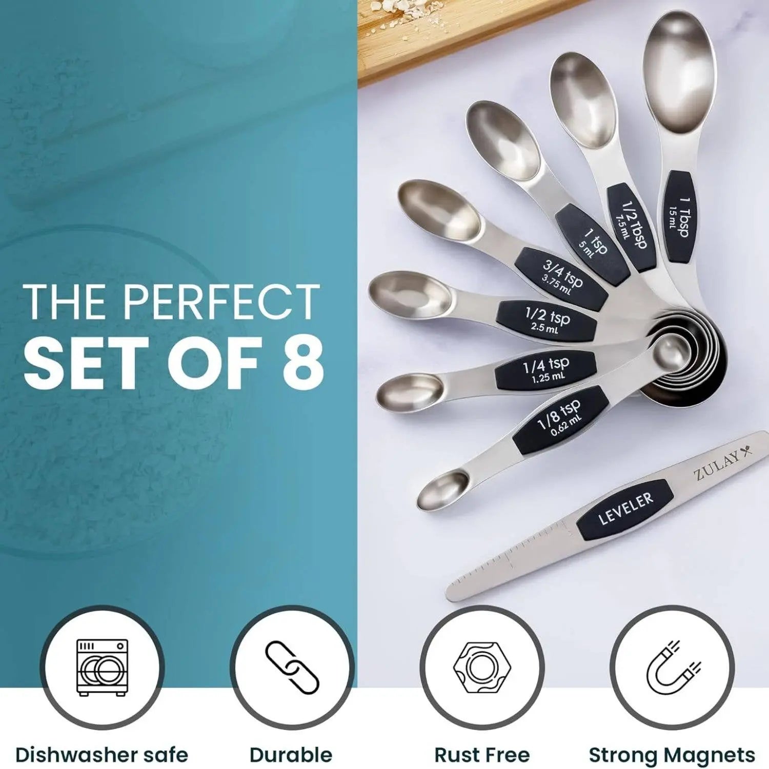 Set of eight metal measuring spoons with labels on a white background, featuring the brand 'Zulay'.