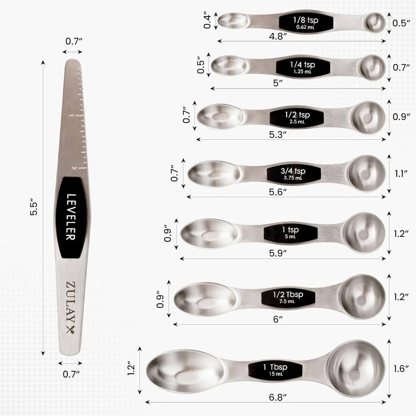 Set of Zulay stainless steel measuring spoons with measurements and a leveling tool on a white background.