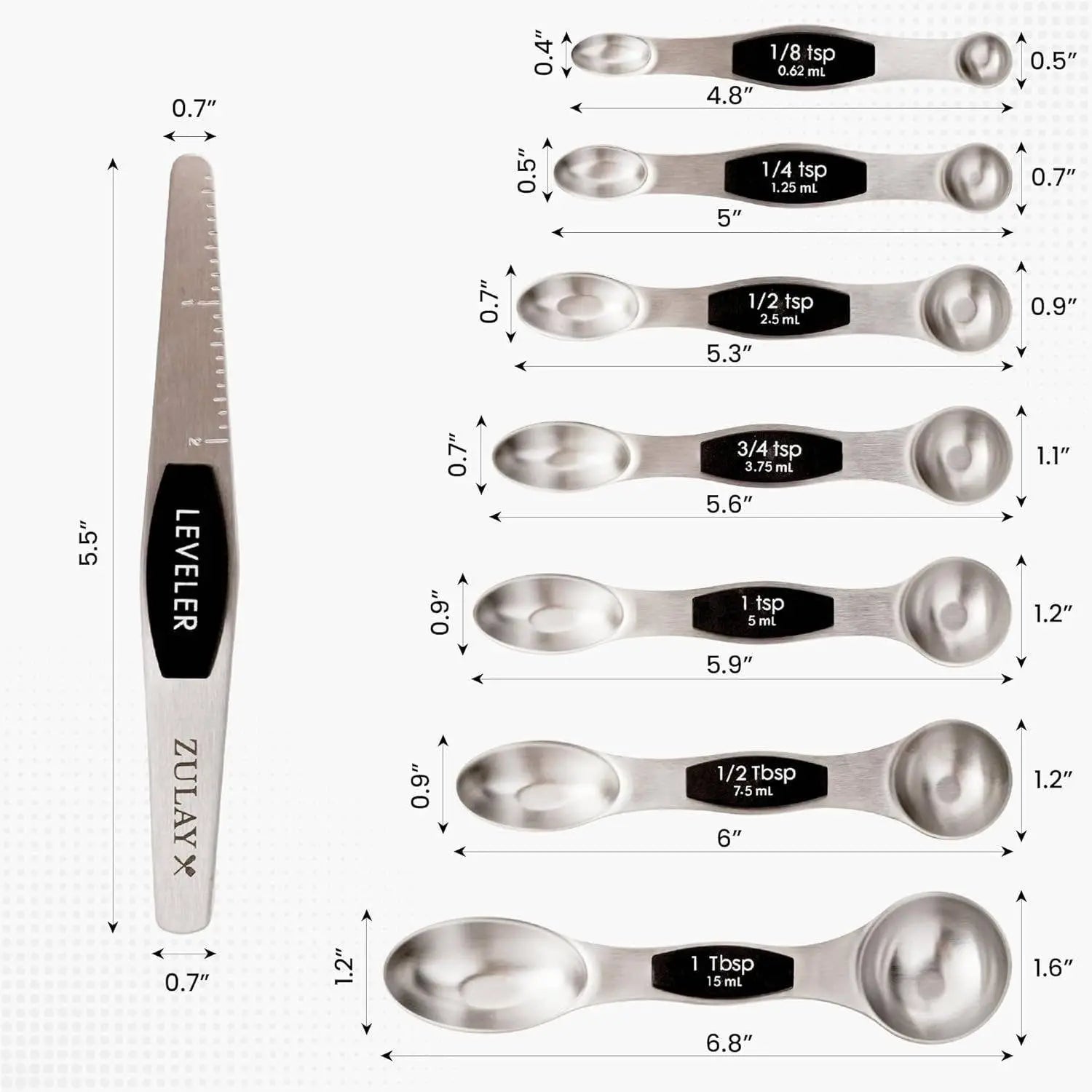 Set of Zulay stainless steel measuring spoons with measurements and a leveling tool on a white background.