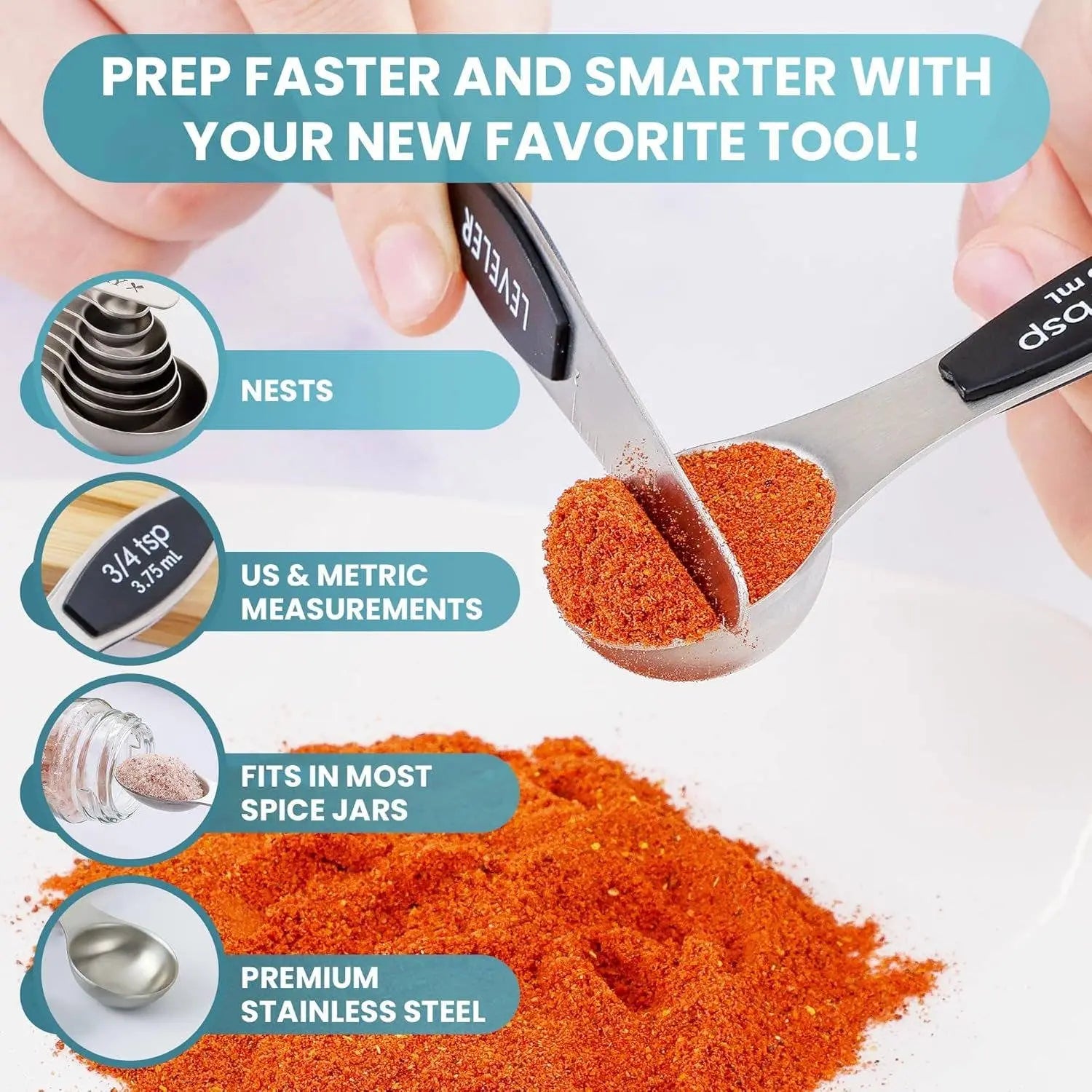 Zulay measuring spoon with spice and liquid measurement features depicted with Zulay's included leveler.