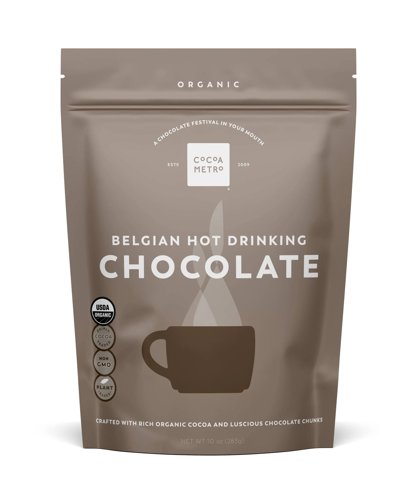 Package of Cocoa Metro organic Belgian hot chocolate mix bag with a cup illustration on a white background.
