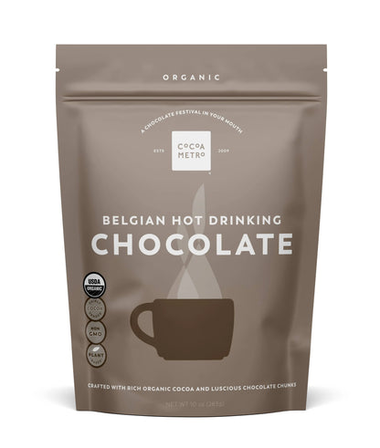 Package of Cocoa Metro organic Belgian hot chocolate mix bag with a cup illustration on a white background.
