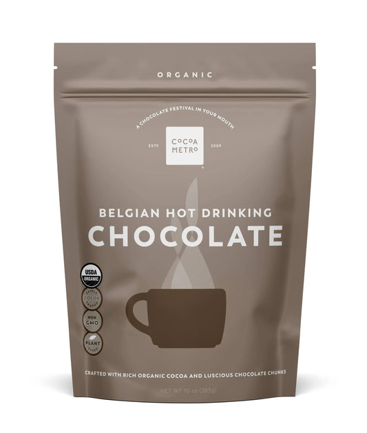 Package of Cocoa Metro organic Belgian hot chocolate mix bag with a cup illustration on a white background.