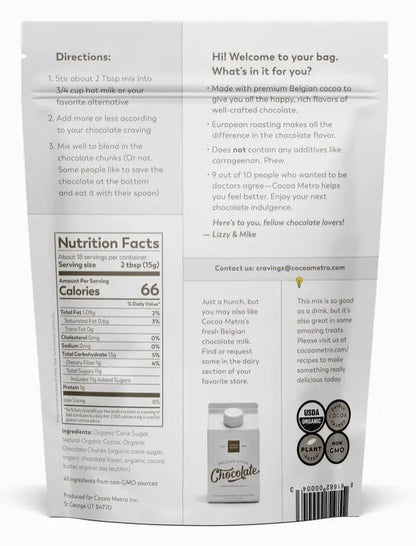Back of Cocoa Metro Organic Belgian Hot Chocolate mix in white packaging with text, nutrition facts, and product details on a white background.
