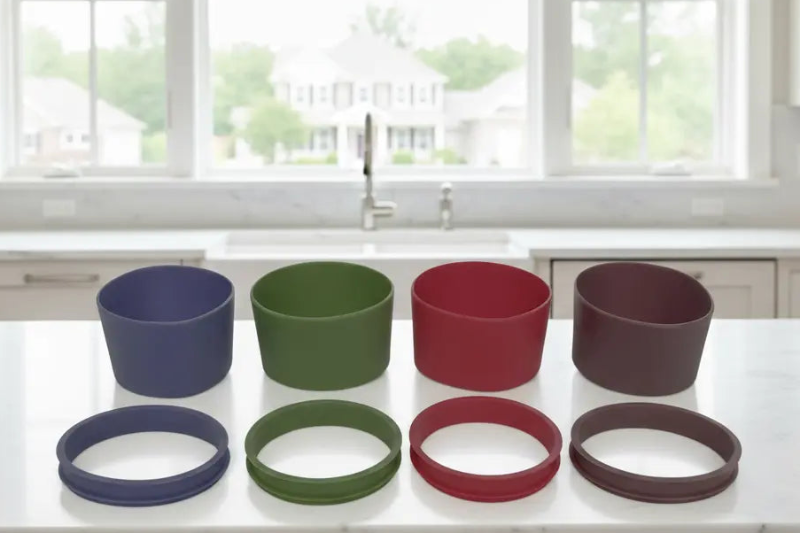 Set of colorful silicone bands in various colors on a white background