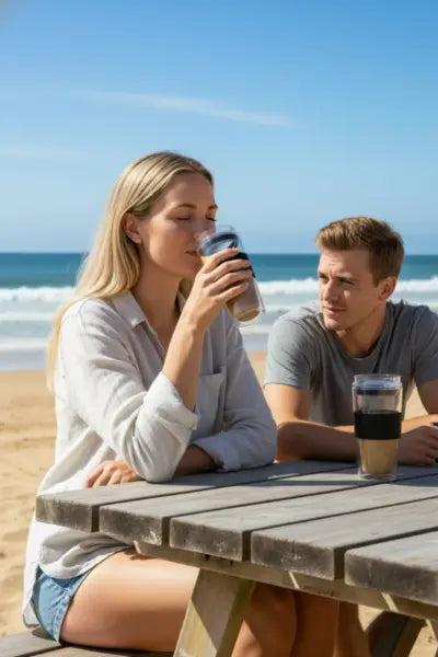 Young woman and boyfriend sitting at a wooden table on a beach, drinking coffee from aSipLux insulated clear glass tumbler with a clear glass lid.
