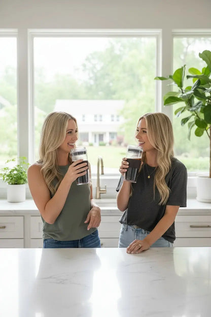 Two attractive ladies drinking coffee in a suburban kitchen from their elegant Siplux™ clear glass tumblers.