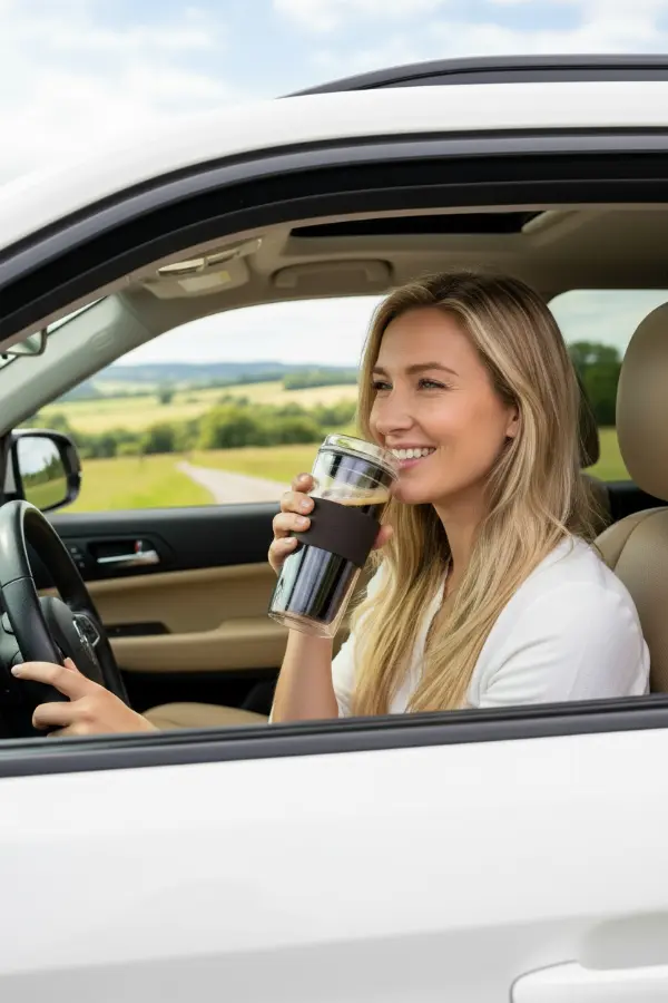 Woman in an SUV drinking coffee from her Siplux clear glass 14-ounce tumbler. wi