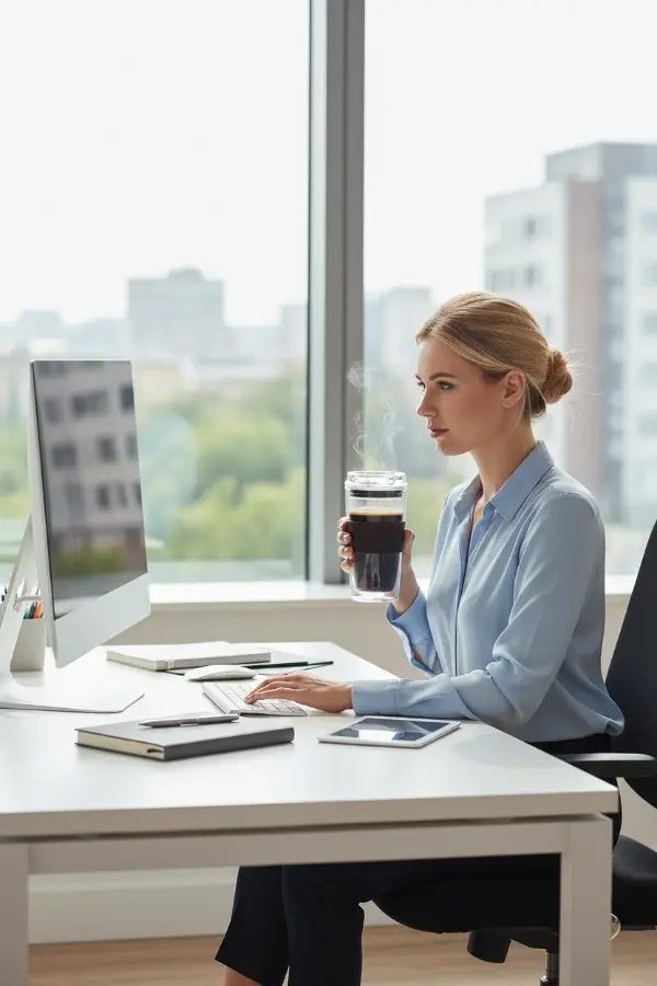 Attractive woman in her office drinking coffee from a Siplux clear glass hot and cold tumbler.