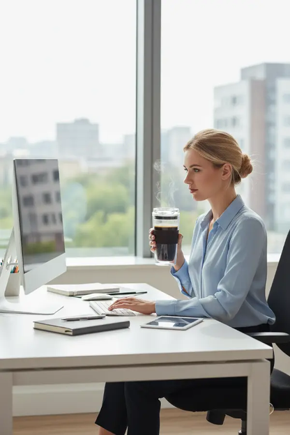 Attractive woman in her office drinking coffee from a Siplux clear glass hot and cold tumbler.