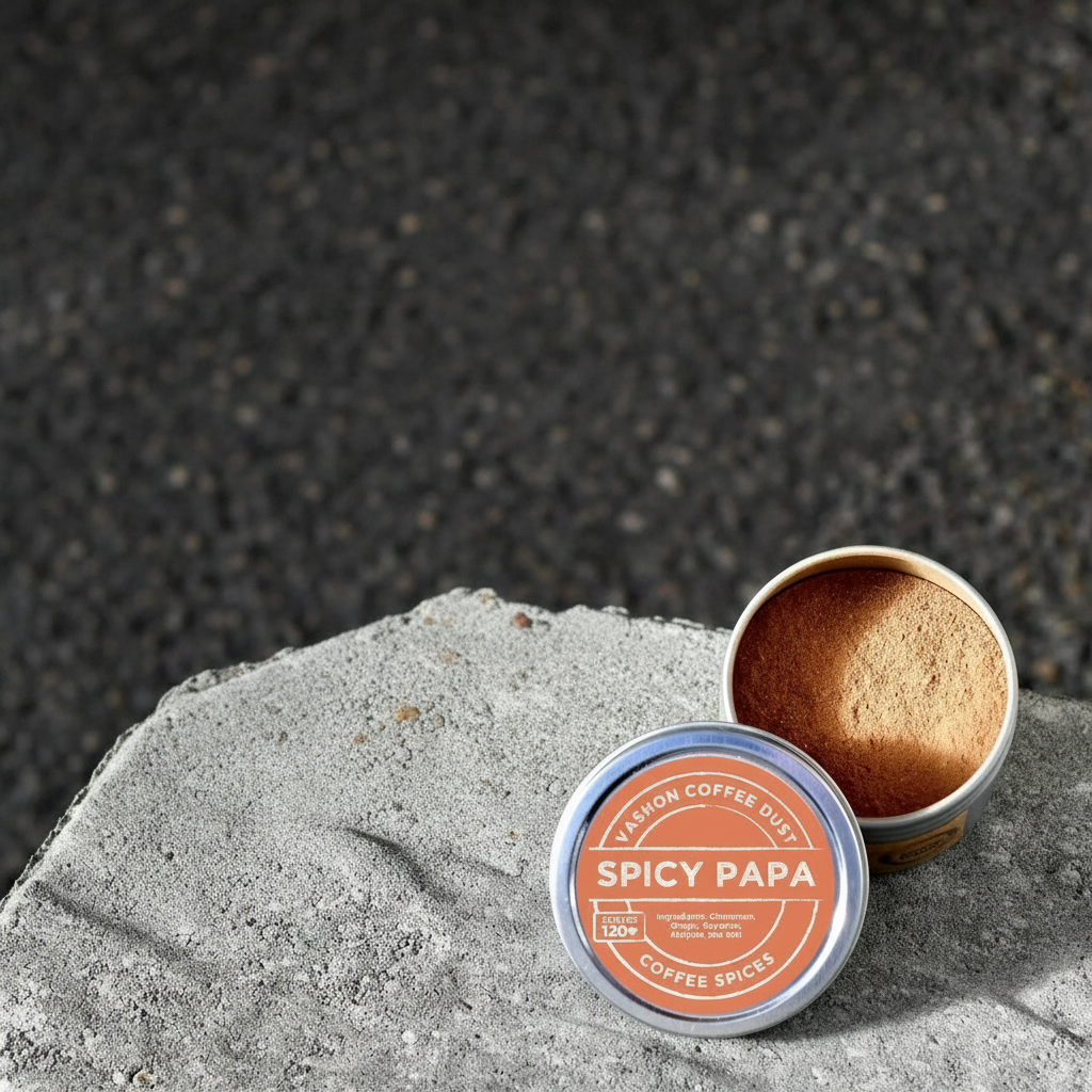 Full-size tin of Vashon Island Spicy Papa coffee dust on a textured surface.
