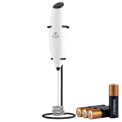 Milk Frother by Zulay pictured with 4 AA batteries against a white background.