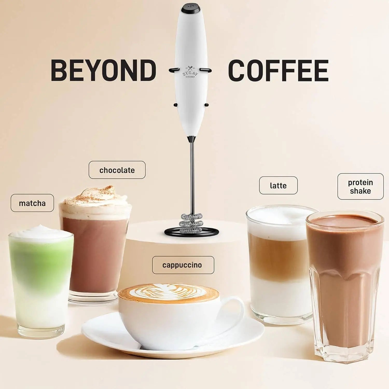 Tornado Milk Frother by Zulay is pictured with a number of beverages including coffee, latte,  hot chocolate, matcha and a protein shake against a light beige background.