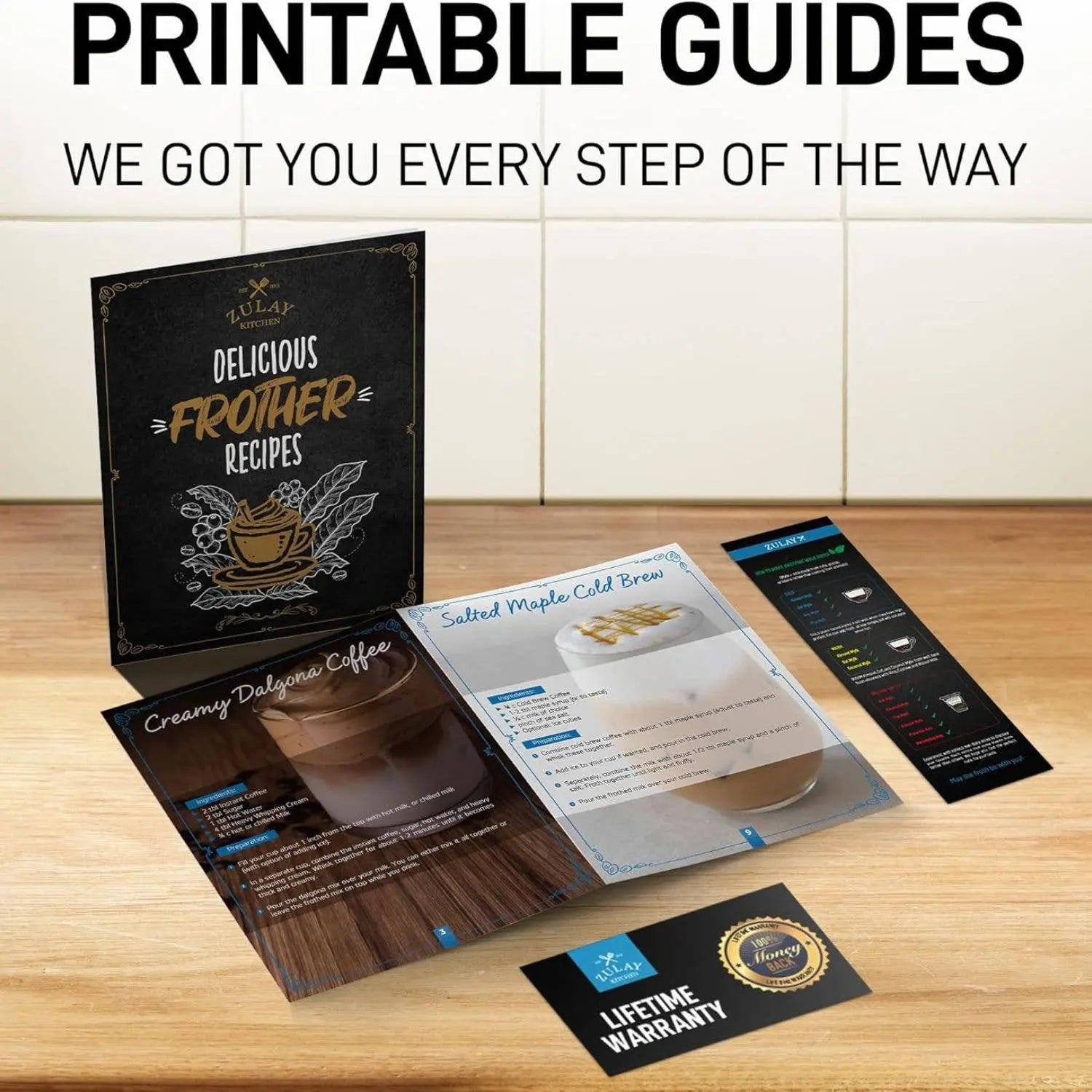 This image depicts Zulay's printable guide for coffee recipes that can be made using their Tornado Milk Frother displayed on a wooden kitchen counter.  