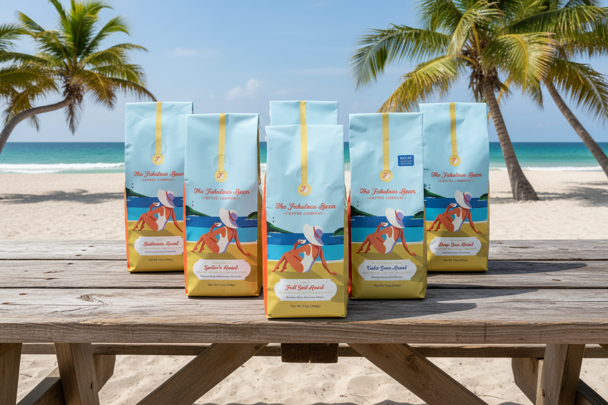 Five coffee bags of The Fabulous Bean Coffee Company on a wooden bench with a beach and palm trees in the background